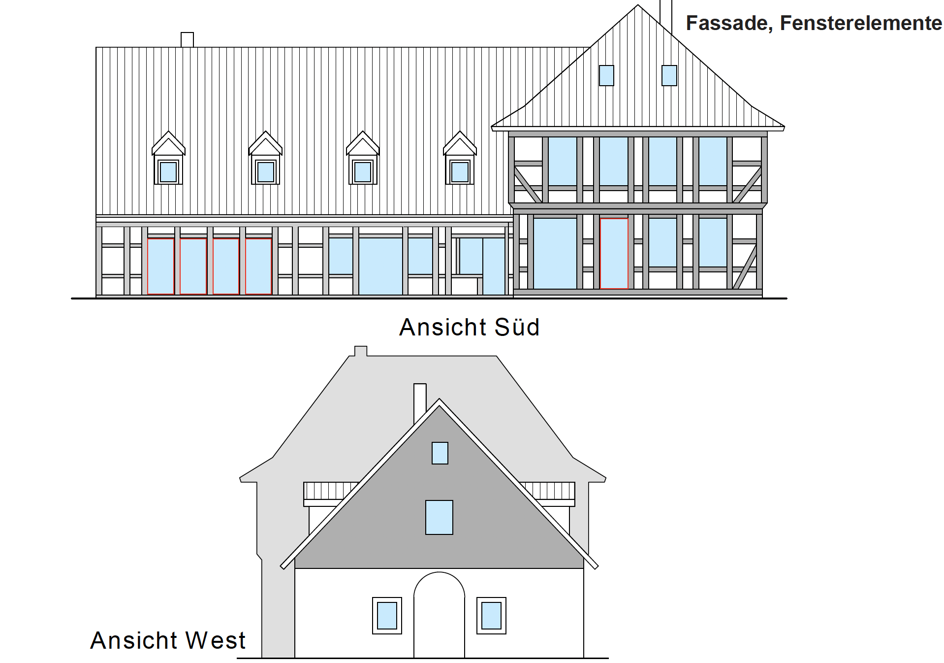Fassade Herrenhaus Ansicht Süd und West mit Fachwerk und neuen Fensterelementen