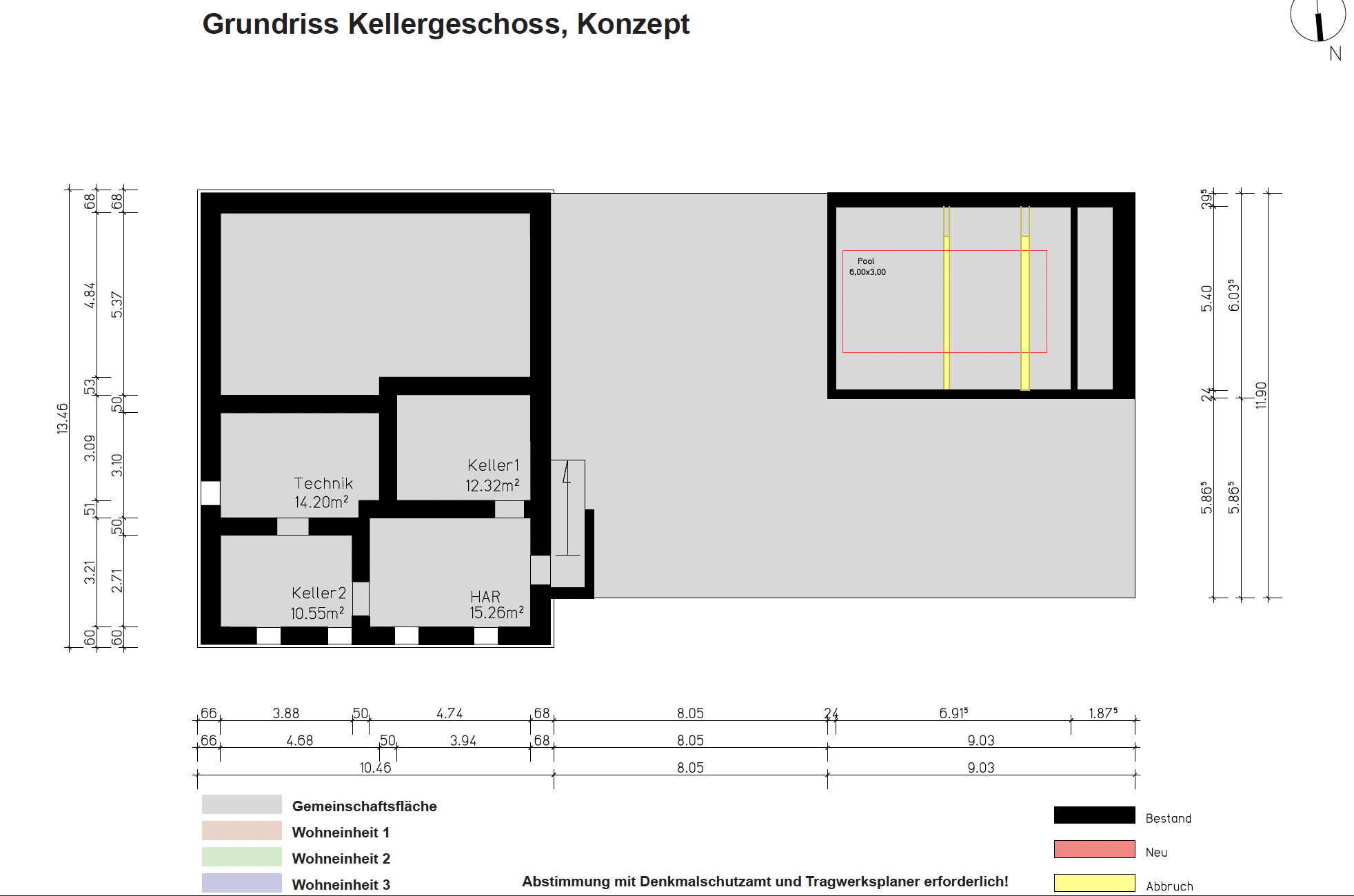 Grundriss Kellergeschoss Konzept Herrenhaus mit Technik, Kellerräumen und Pool
