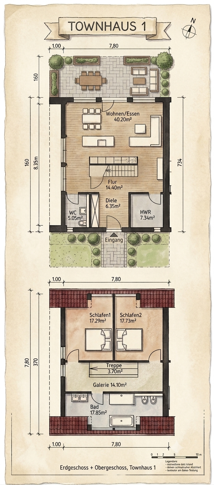 Townhaus Typ 1 – Grundriss Erdgeschoss und Obergeschoss