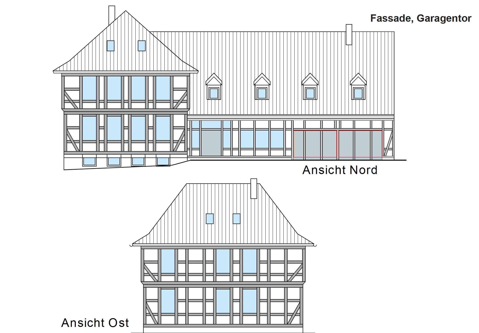 Fassade Herrenhaus Ansicht Nord und Ost mit Fachwerk und Garagentor