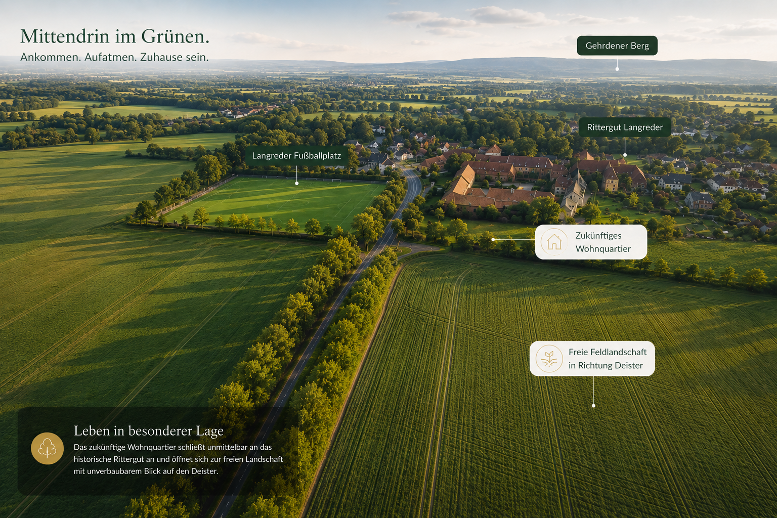 Luftaufnahme des zukünftigen Wohnquartiers Am Rittergut Langreder mit Blick Richtung Deister