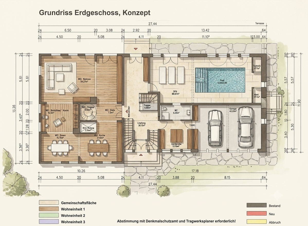Grundriss Erdgeschoss Konzept Herrenhaus mit Wohneinheit 1, Empfang, SPA und Garage