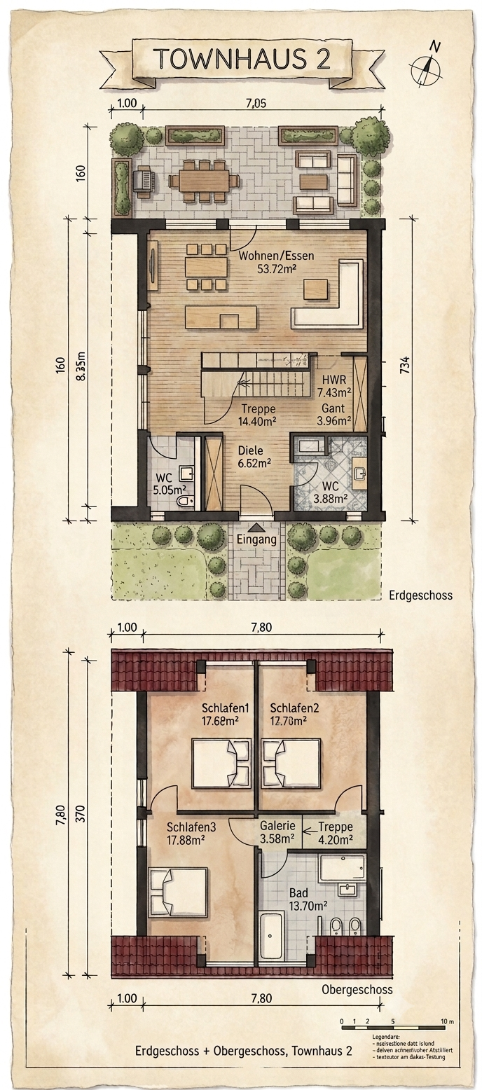 Townhaus Typ 2 – Grundriss Erdgeschoss und Obergeschoss