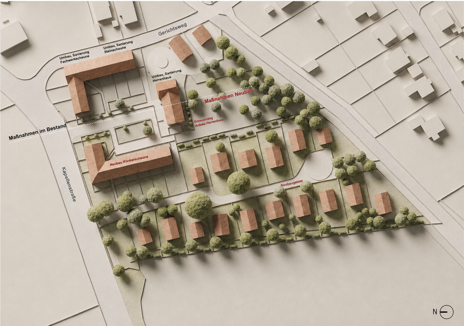 Städtebauliches Modell Rittergut Langreder mit Bestandsgebäuden, Neubau Klinkerscheune und Neubaugebiet