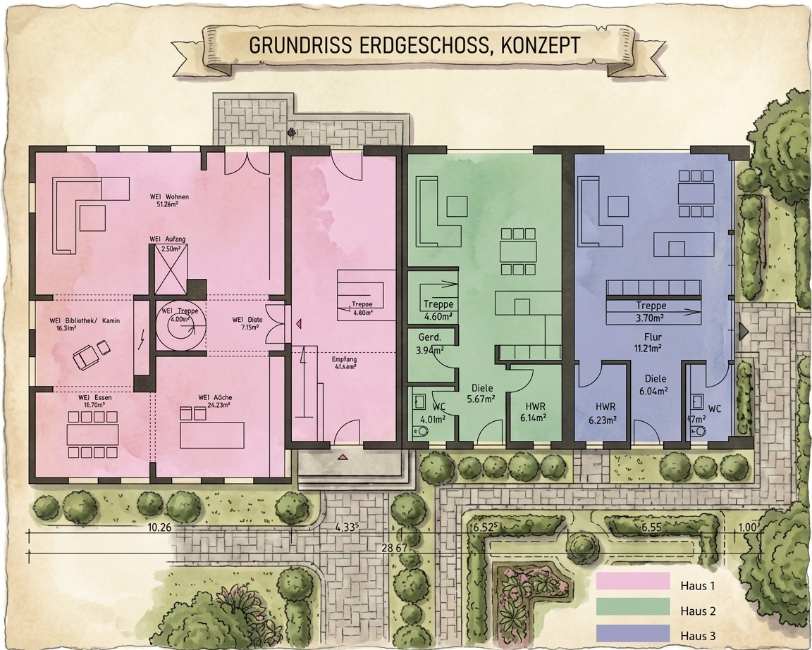 Alternatives Konzept Grundriss Erdgeschoss Herrenhaus mit Haus 1, Haus 2 und Haus 3