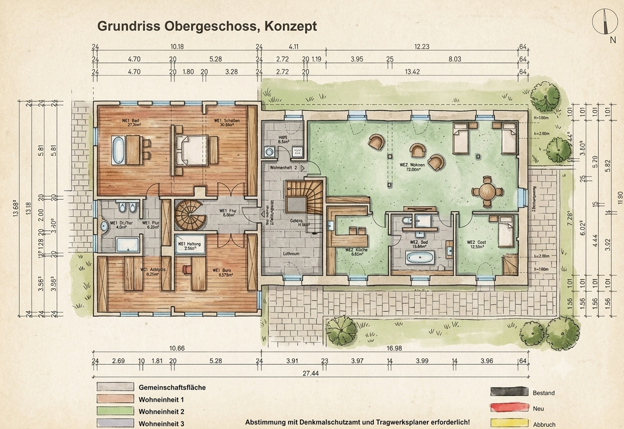 Grundriss Obergeschoss Konzept Herrenhaus mit Wohneinheiten 1 und 2