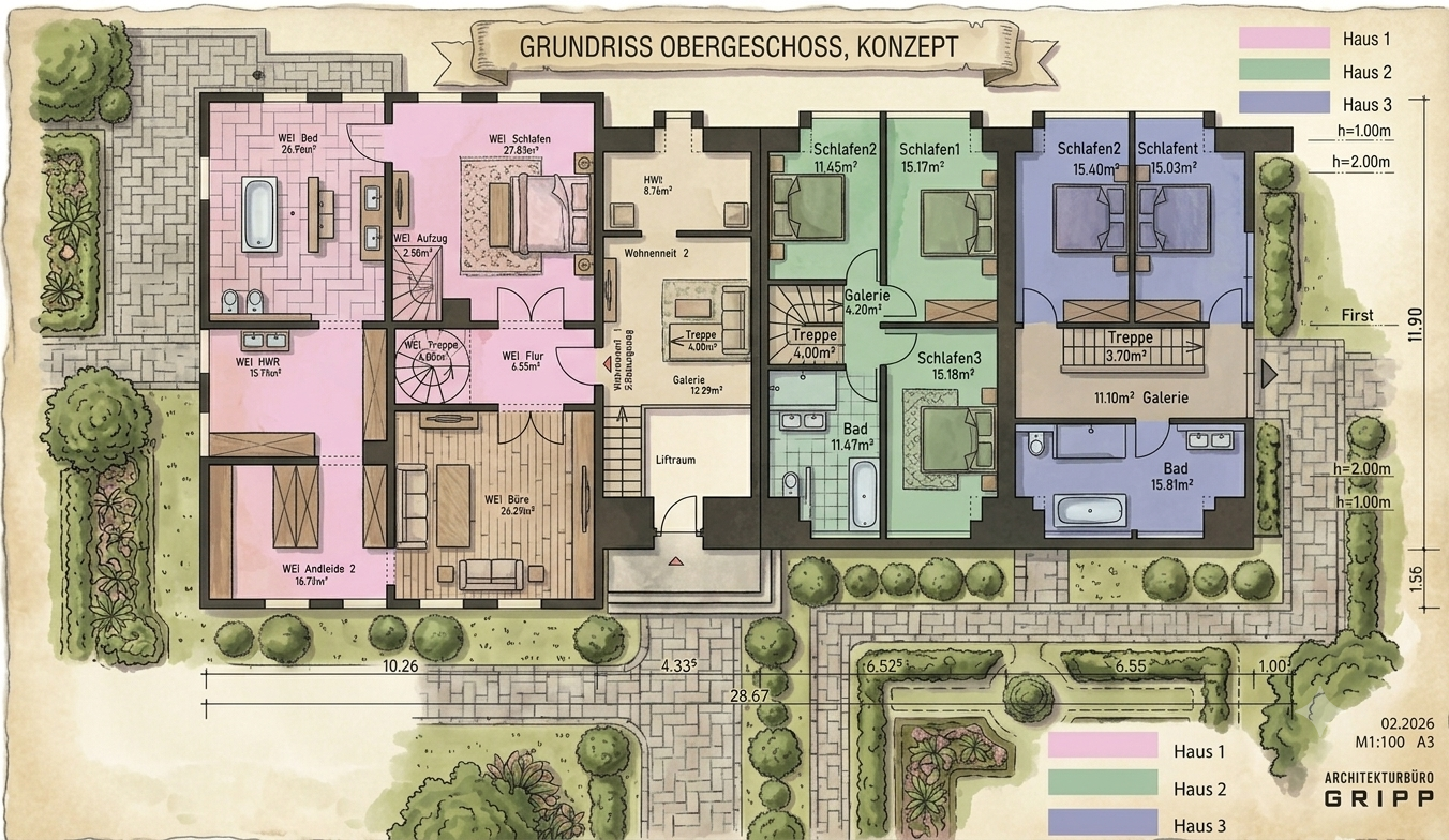 Alternatives Konzept Grundriss Obergeschoss Herrenhaus mit Haus 1, Haus 2 und Haus 3